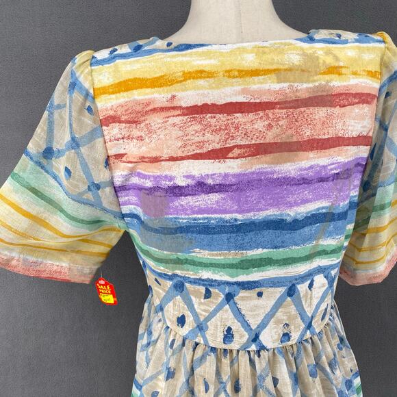 Vtg 80s 90s Two Potato Artsy A Line Midi Dress M Petite Sheer NOS Coastal Pastel - Picture 6 of 16